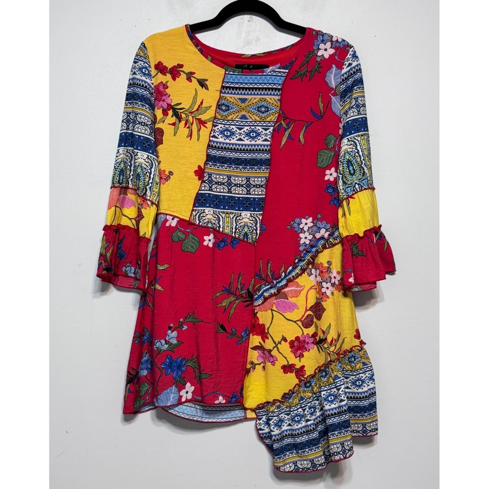 Calessa Lagenlook Patchwork Boho Tunic Small Cottagecore Maximalist Mori Girl